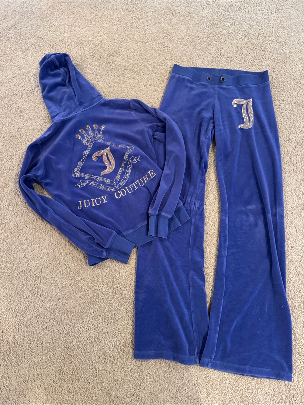 Juicy Couture Royal Blue Velour Hoodie & Flared Pants Set